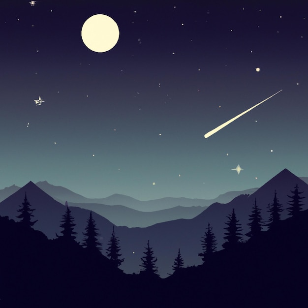 Minimalist landscape dark night forest mountains moon shining stars and comets