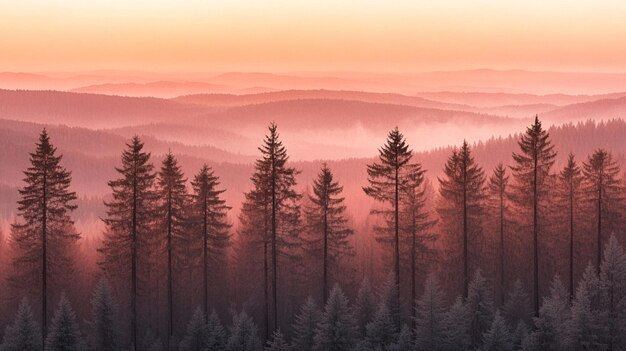 Photo minimalist landscape featuring sunset sky and layered mountains with dark pine forest