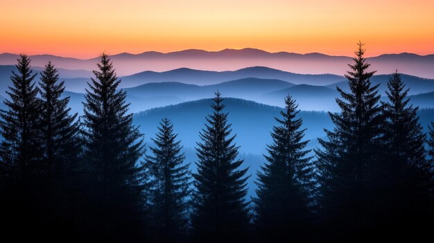 Photo minimalist landscape featuring sunset sky and layered mountains with dark pine forest