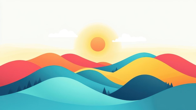 A minimalist landscape of hills and sun featuring clean lines and a modern D illustration style