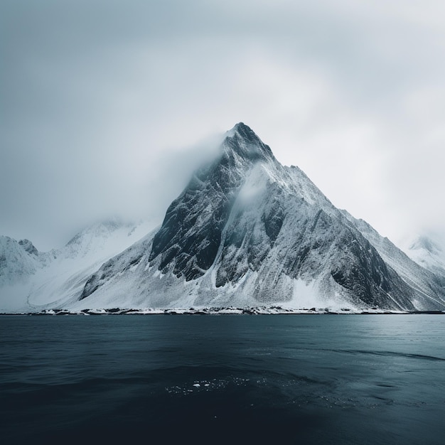 minimalist landscape photograph capturing the harmonious convergence of the sea mountains and snow