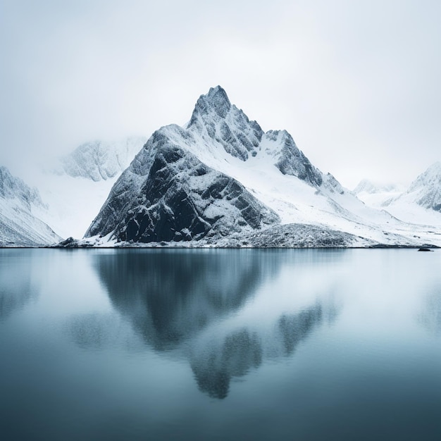 minimalist landscape photograph capturing the harmonious convergence of the sea mountains and snow