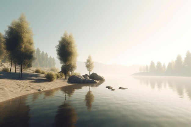 A minimalist landscape with a scenic lake or river