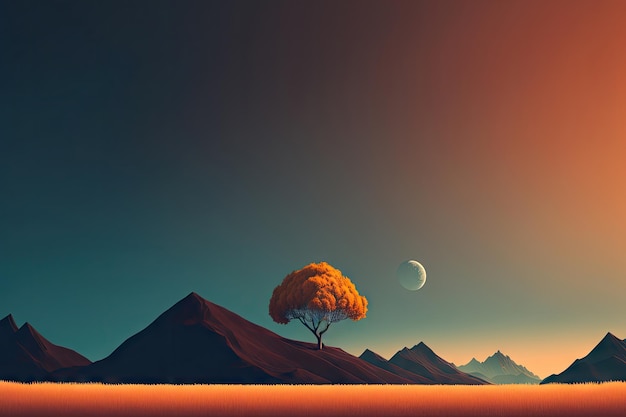 Minimalist Landscape with a Single Tree Minimal Surreal Concept Vintage Painting Generative AI Illustration