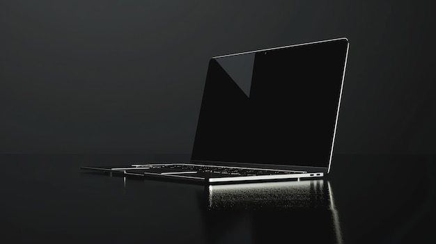 Minimalist laptop with black screen on dark background