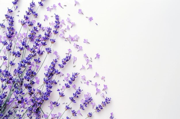 Photo minimalist lavender flowers and petals on white background natureinspired floral photography