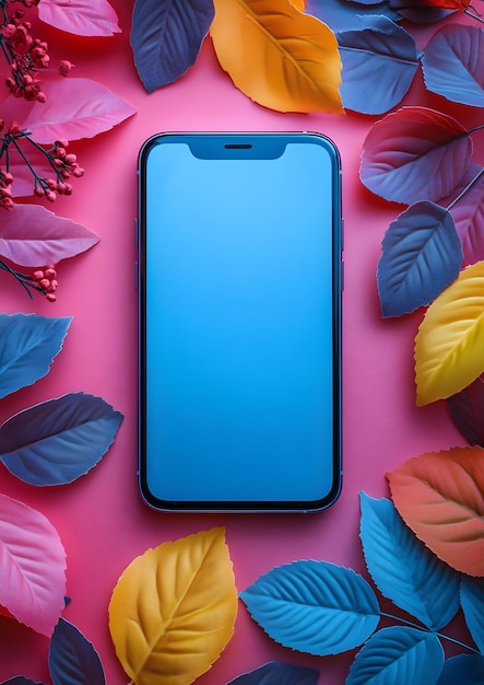 Photo minimalist layout with a centered blank smartphone screen on a pastel background designed for social media stories