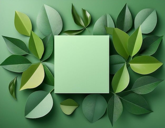 Photo a minimalist layout with green leaves and geometric shapes