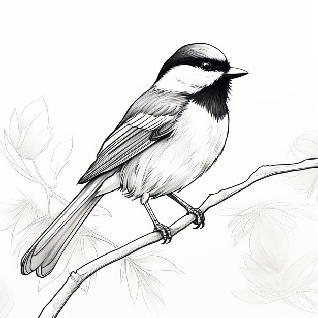 Photo minimalist line art of a chickadee perched on a branch