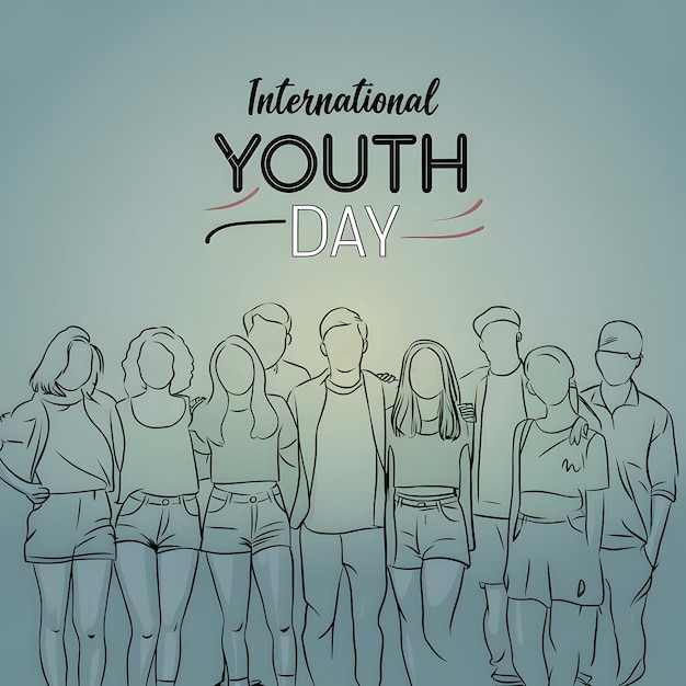 Minimalist line art of diverse youths standing together International Youth Day above gradient