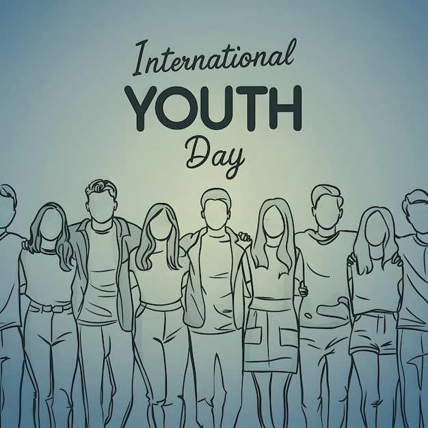 Photo minimalist line art of diverse youths standing together international youth day above gradient