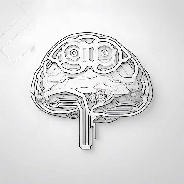 Photo a minimalist line art icon on a crisp white canvas featuring a stylized brain with gears the brain is rendered with two simple hemispheres interconnected by a curved line overlapping the brain are