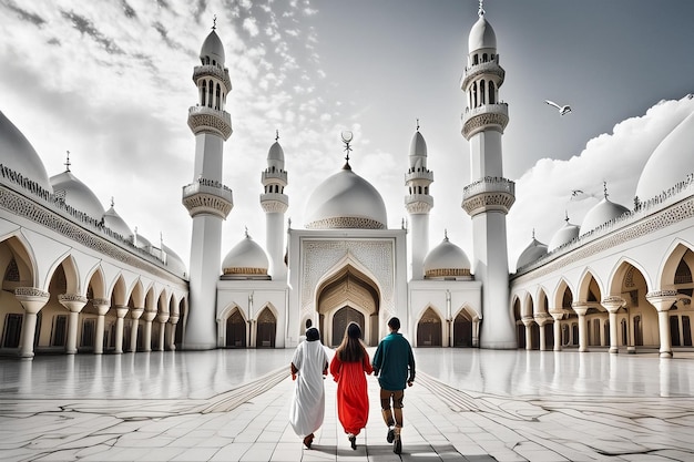 A minimalist line art illustration of a mosque with families walking towards it for Eid alAdha pray