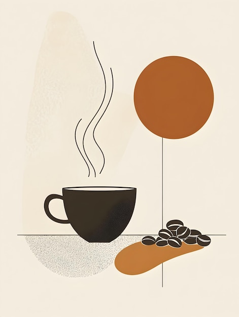 Minimalist Line Art Poster for International Coffee Day with Geometric Coffee Cup and Beans Design