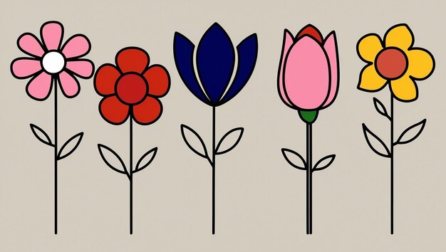 Photo minimalist line drawing eight stylized flowers in whimsical colors and simple stems