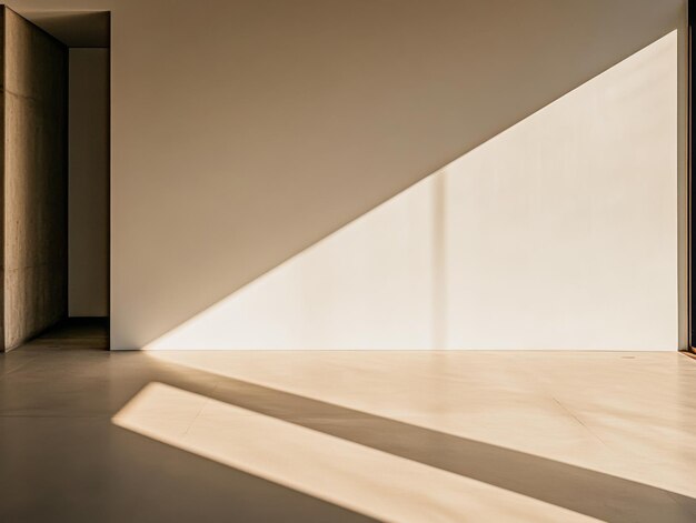 Minimalist living room airy corner in golden tones with a window casting natural lighting and a large shadow in the room Residential interiors with minimal furniture or decor