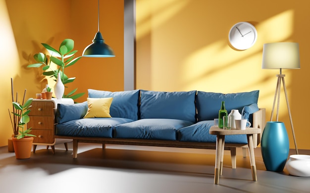 Minimalist living room Blue Sofa yellow pillow and Yellow Wall Scandinavian interior design 3D Render