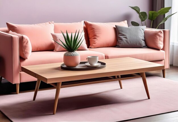 Minimalist living room design with wooden coffee table near the sofa close up The interior