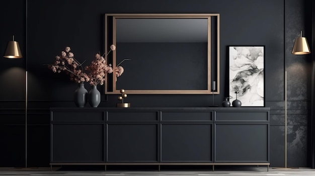 Minimalist Living Room Interior with Framed Cabinet on Dark Wall