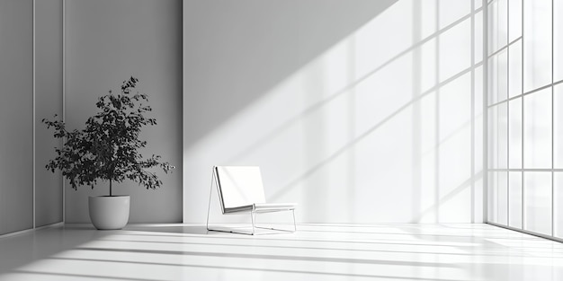 Minimalist living room interior with a white chair plant and large windows