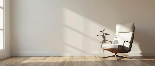 a minimalist living room interior with white empty wall mockup wooden floor book shelf armchair