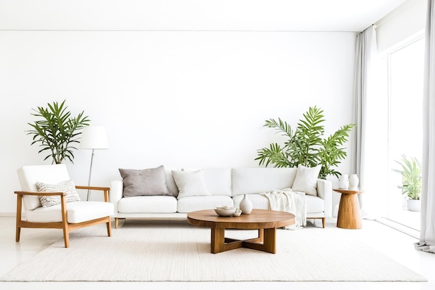 Minimalist Living Room Interior with White Sofa Wooden Coffee Table and Plants