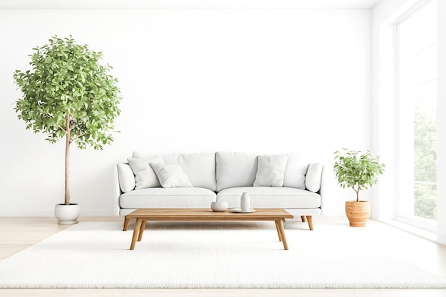 Minimalist Living Room Interior with White Sofa and Wooden Coffee Table