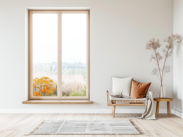 Minimalist living room interiors with minimal furniture a large window and neutral colors Residential Real Estate composition with copy space