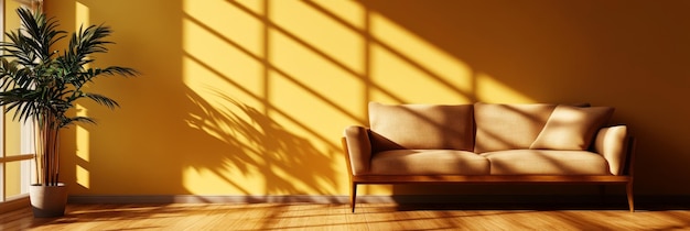 Photo a minimalist living room with a beige couch and a plant in the corner bathed in warm sunlight