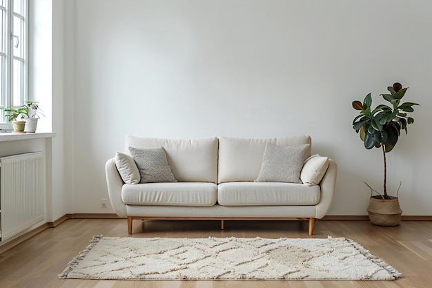 Minimalist living room with beige sofa and carpet on wooden floor near window white wall background