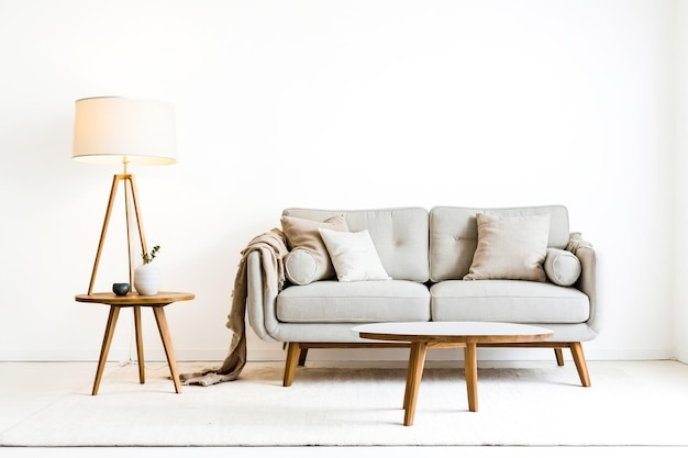 Minimalist Living Room with Beige Sofa Wooden Coffee Table and Floor Lamp