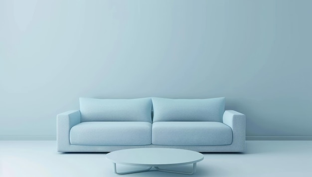 Photo minimalist living room with blue couch and coffee table