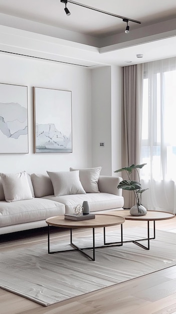 Minimalist Living Room with clean white walls a sleek sofa a simple coffee table