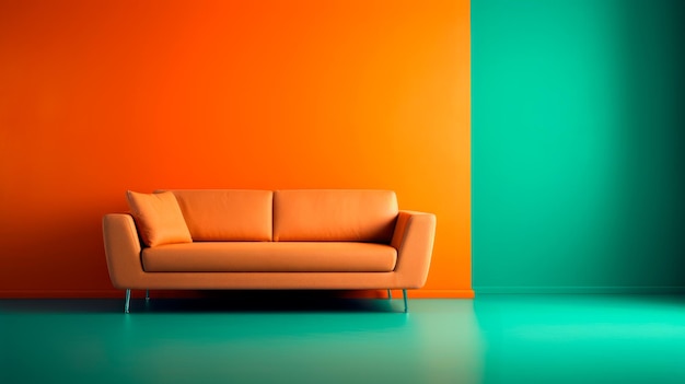 Minimalist living room with contemporary sofa in green and orange palette Studio shot