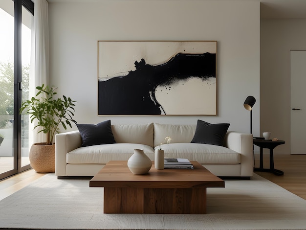 A minimalist living room with Cozy White Sofa wooden