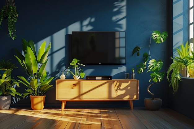 a minimalist living room with a dark blue wall and a wooden console