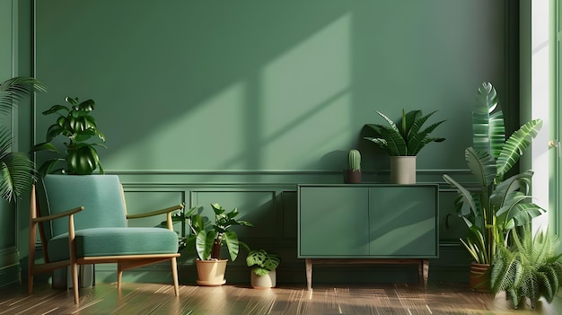 Photo minimalist living room with green walls and furniture features a modern chair sleek cabinet