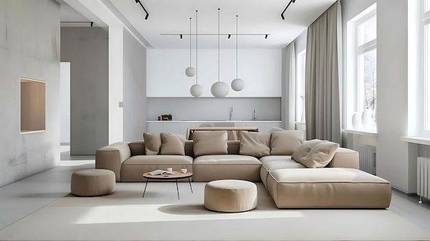 minimalist living room with l shaped sofas white pillows and a small wood table the room featur