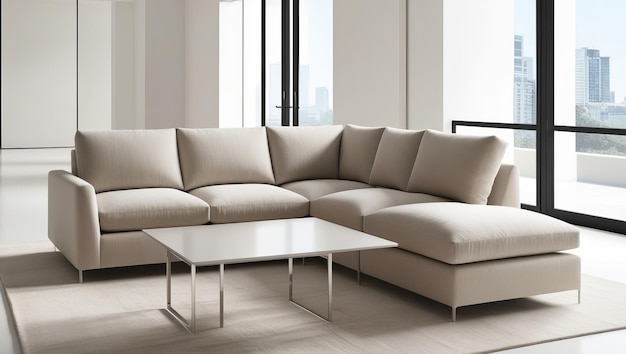 Photo minimalist living room with light grey sectional sofa abstract wall art and neutral tones