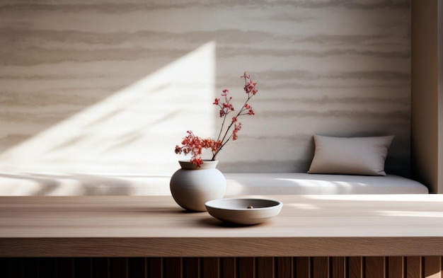 Minimalist living room with nice warm oak tones in japanese decoration style