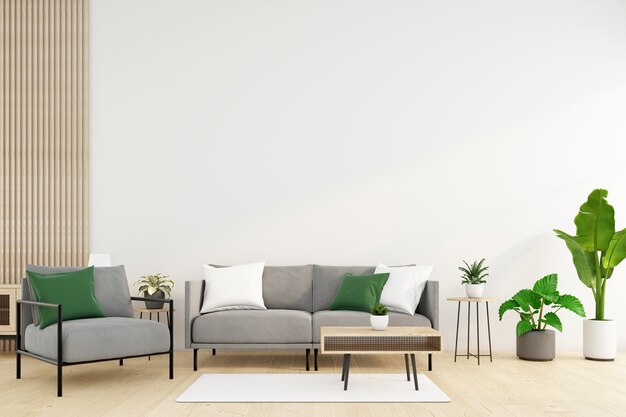 Minimalist living room with sofa and armchair coffee table and green plant 3d rendering