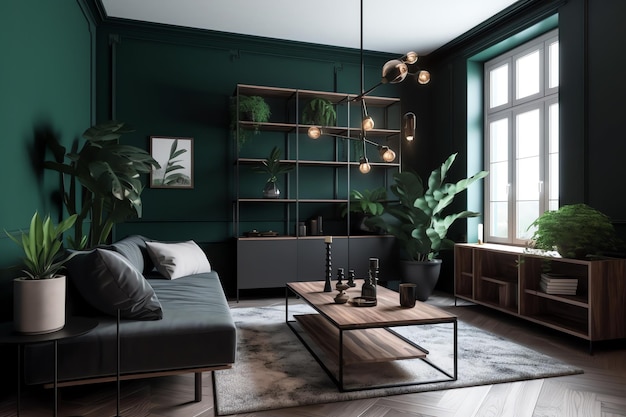 A minimalist living room with a sofa a lamp and plant decoration