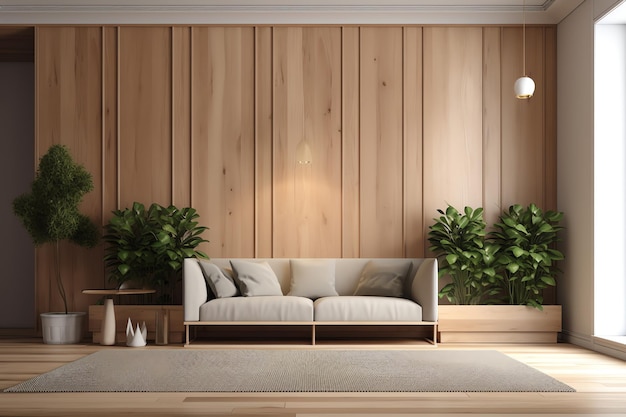 A minimalist living room with a sofa a lamp and plant decoration