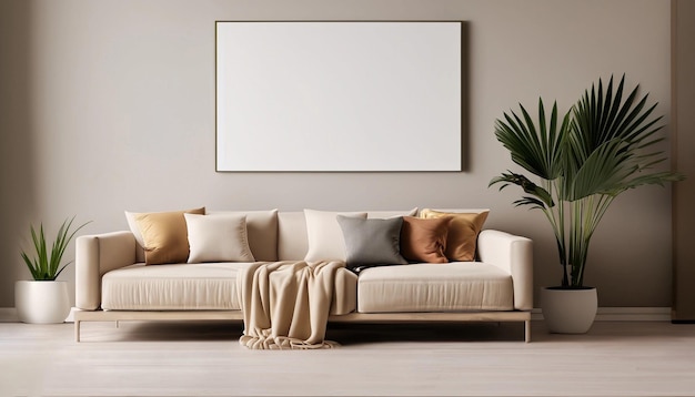 minimalist living room with a sofa palm leaf Mockup of a poster on the wall