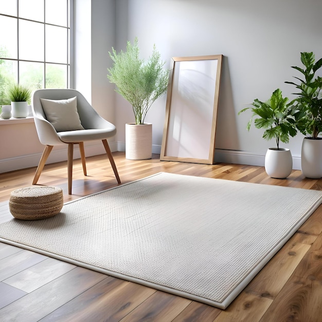 A minimalist living room with a soft textured rug a comfortable armchair and a blank canvas for your design