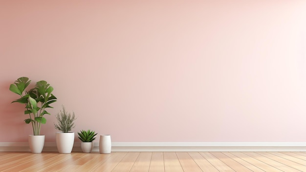 Minimalist living room with vase and potted plant pink landscape background