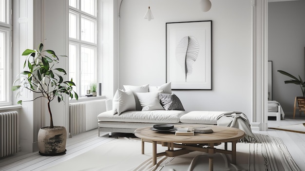 Photo minimalist living room with white couch wooden coffee table and potted plant