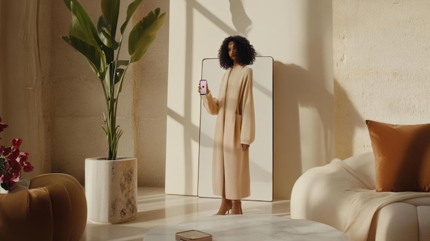 Minimalist Living Room with Woman Holding Phone