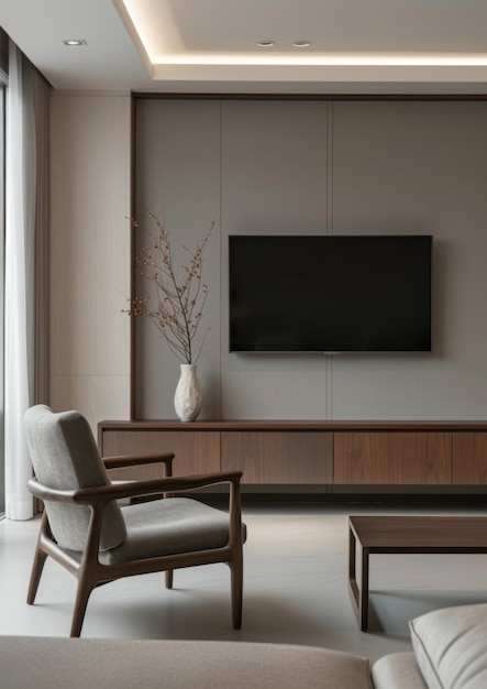 A minimalist living room with wooden furniture and elegant armchair