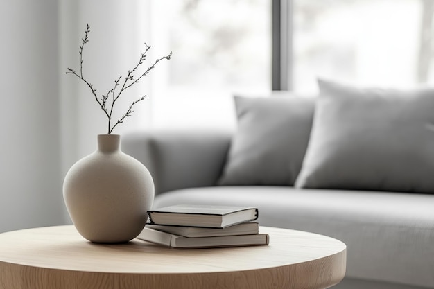 Photo minimalist living room with a wooden table a vase with twigs and books